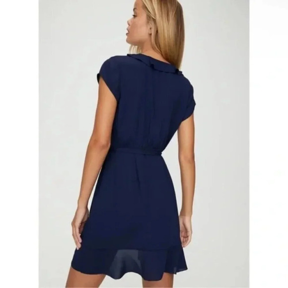 Aritzia Sunday Best Ruffle Savoy Wrap Dress Navy Blue Size 0 - Picture 3 of 7
